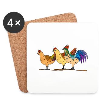 Poules et coq - Dessous de verre (lot de 4) - blanc - Devant