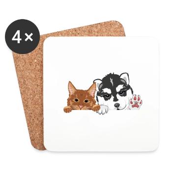 Lustige Ingwerkatze und Husky-Hund - Untersetzer (4er-Set) - Weiß - Vorne