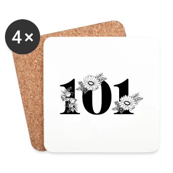 Numéro 101 floral noir - 101e anniversaire floral - Dessous de verre (lot de 4) - blanc - Devant