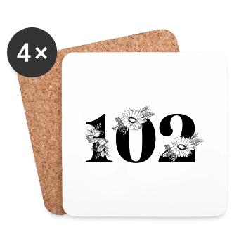 Numéro 102 floral noir - 102e anniversaire floral - Dessous de verre (lot de 4) - blanc - Devant