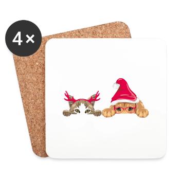 Regard sur le chiot et le chat dans les accessoires de Noël - Dessous de verre (lot de 4) - blanc - Devant