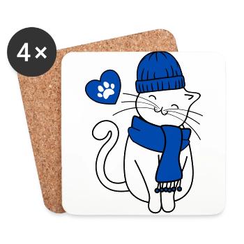 Chat d’hiver avec casquette et écharpe, cœur et patte - Dessous de verre (lot de 4) - blanc - Devant