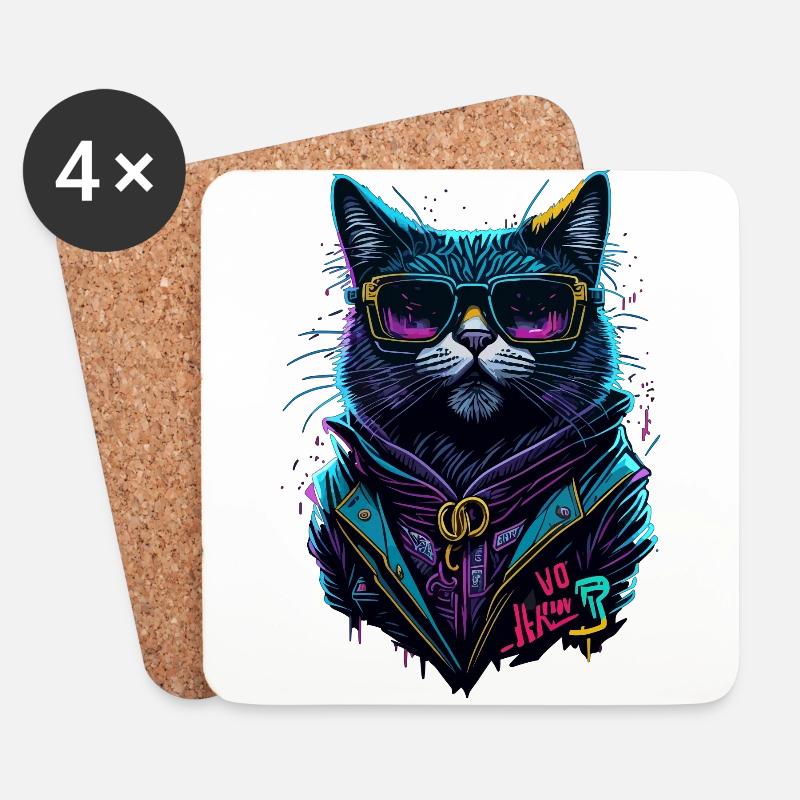 Cyber cool Cat - Untersetzer (4er-Set) - Weiß