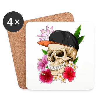 Crâne avec chapeau et fleurs - Dessous de verre (lot de 4) - blanc - Devant