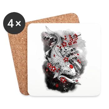 Kohaku white koi carp surrounded by Sakura - Coasters (set of 4) - white - Front