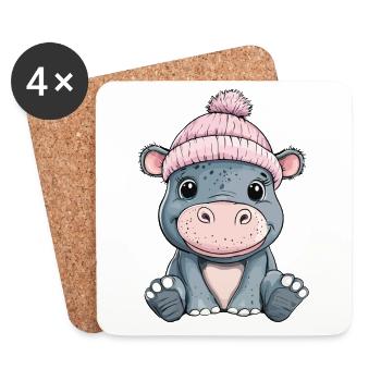 hippopotame mignon mignon bébé enfants animal dessin animé - Dessous de verre (lot de 4) - blanc - Devant