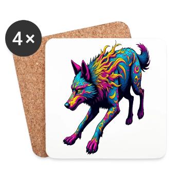 Psychedelic Running Wolf – Neon Fantasy Animal Art - Coasters (set of 4) - white - Front