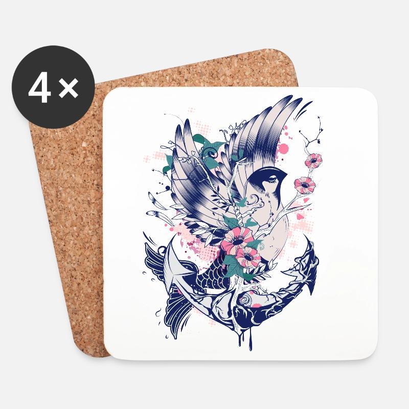 Ein Vogel mit Fischflosse Anker und Blüten - Untersetzer (4er-Set) - Weiß