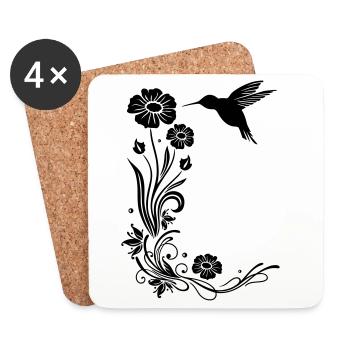 Floral motif with flowers and hummingbird. - Coasters (set of 4) - white - Front