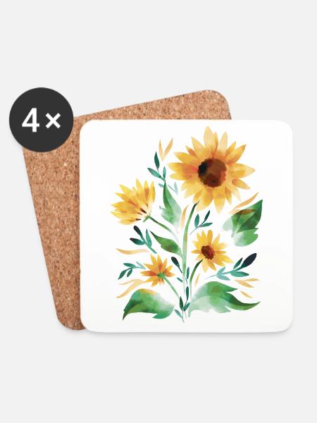 Sonnenblumen handgemalt - Untersetzer (4er-Set) - Weiß