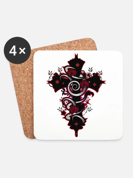 rot schwarzes Gothic Kreuz mit floralen Elementen - Untersetzer (4er-Set) - Weiß