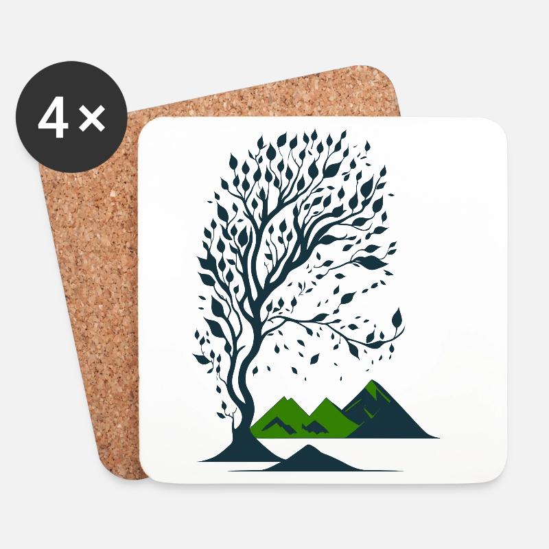Baum und Berge minimalistisch - Untersetzer (4er-Set) - Weiß