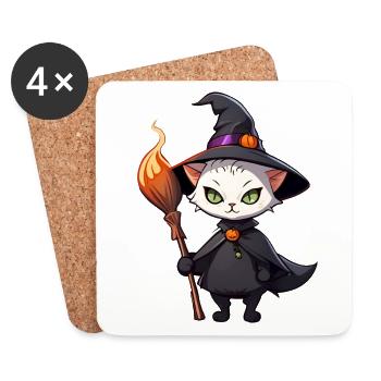 Mignon chat d’Halloween avec chapeau de sorcière. - Dessous de verre (lot de 4) - blanc - Devant