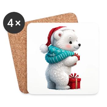 Cute little bear with Christmas hat and gift. - Coasters (set of 4) - white - Front