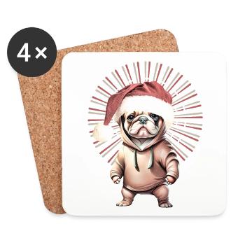 drôle Père Noël Bulldog chiens de Noël - Dessous de verre (lot de 4) - blanc - Devant