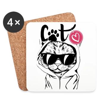 Cat Hoodie with Sunglasses - Coasters (set of 4) - white - Front