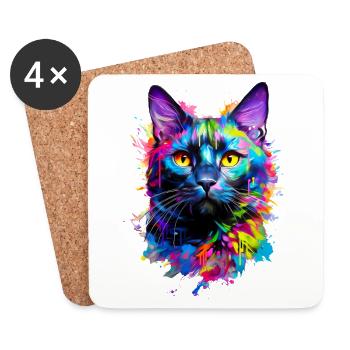 Bemalte Hauskatze mit schwarzer Katze - Untersetzer (4er-Set) - Weiß - Vorne