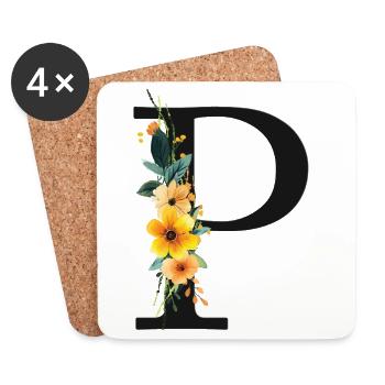 P Monogramme, Floral, Personnalisable - Dessous de verre (lot de 4) - blanc - Devant