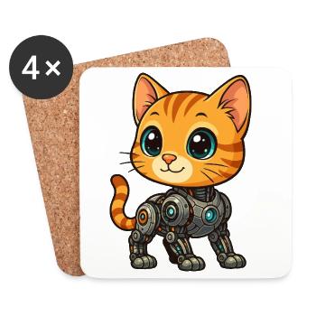 Cute Kitten Cyborg Robot Cartoon - Coasters (set of 4) - white - Front