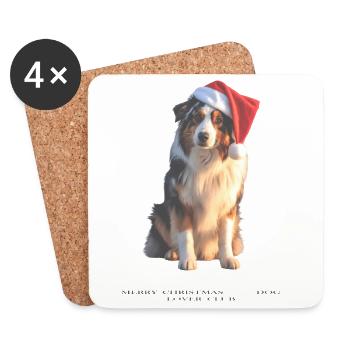 Border Collie, chien de Noël portant un chapeau de Père Noël - Dessous de verre (lot de 4) - blanc - Devant