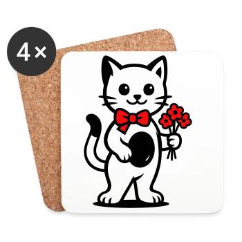 Kawaii Katzenfreund mit roter Schleife - Untersetzer (4er-Set) - Weiß - Vorne