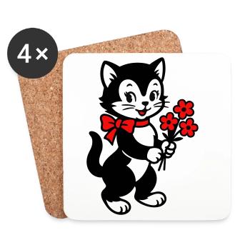 Schwarze Katze mit rotem Band - Untersetzer (4er-Set) - Weiß - Vorne