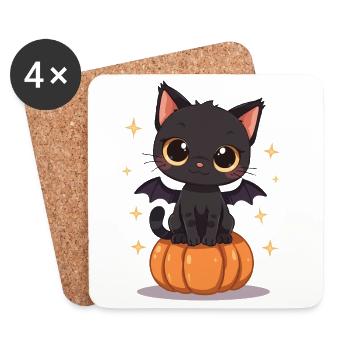 Cute Black Cat with Bat Wings Pumpkin - Coasters (set of 4) - white - Front