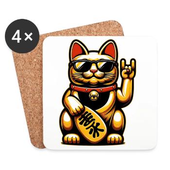 Metal-Neko – Rockige Maneki Neko Katze - Untersetzer (4er-Set) - Weiß - Vorne