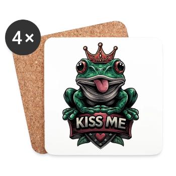 green cheeky frog with crown and text "Kiss me" - Coasters (set of 4) - white - Front