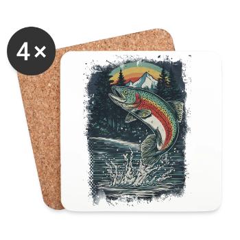 Truite arc-en-ciel sauteuse – motif rétro de pêcheur - Dessous de verre (lot de 4) - blanc - Devant