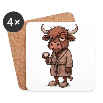 Grumpy Highland Cow with Coffee – Morning Grouch - Coasters (set of 4) - white - Front