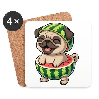 Cute Pug with Melon Cartoon Summer Joy - Coasters (set of 4) - white - Front