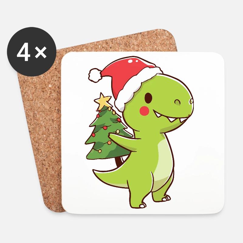 Kawaii Dino T-Rex mit Weihnachtsbaum - Untersetzer (4er-Set) - Weiß