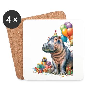 Fête d’anniversaire d’hippopotame avec ballons - Dessous de verre (lot de 4) - blanc - Devant
