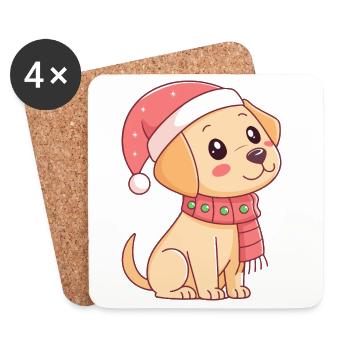 Chiot festif au bonnet de Noël - Dessous de verre (lot de 4) - blanc - Devant