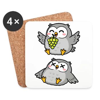 Happy and Full Cute Cartoon Owls with Grapes - Coasters (set of 4) - white - Front
