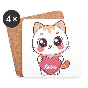 Chat kawaii cœur Love - Dessous de verre (lot de 4) - blanc - Devant