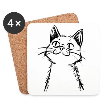 Chat Curieux - Croquis dessiné à la main - Dessous de verre (lot de 4) - blanc - Devant