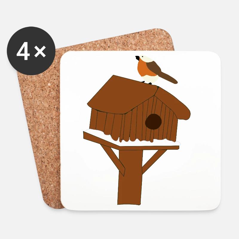 Vogelhaus am Schneeboden - Untersetzer (4er-Set) - Weiß