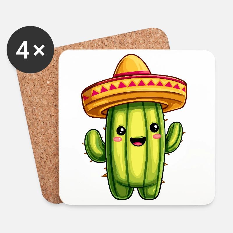 Kaktus mit Sombrero – kawaii Cactus - Untersetzer (4er-Set) - Weiß