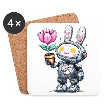 Robo-Bunny mit Blume - Untersetzer (4er-Set) - Weiß - Vorne