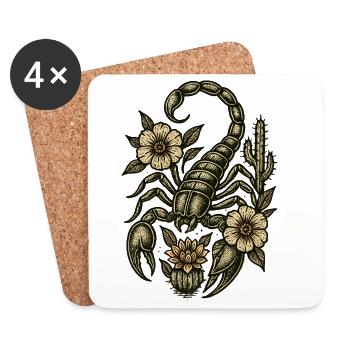 Vintage Scorpion Flower Engraving - Coasters (set of 4) - white - Front
