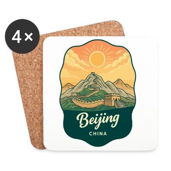 Pekinger Große Mauer Retro-Sonnenuntergangs-Reiseabzeichen - Untersetzer (4er-Set) - Weiß - Vorne