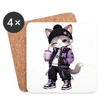 Lila städtische Kawaii-Katze - Untersetzer (4er-Set) - Weiß - Vorne