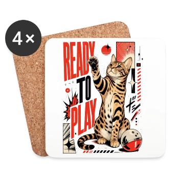 Ready to Play – Playing Bengal Cat in Action - Coasters (set of 4) - white - Front