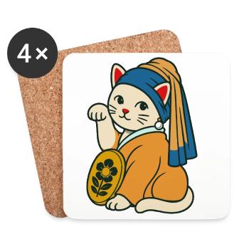The Kitten with a Purrl Earring – Maneki Neko - Coasters (set of 4) - white - Front