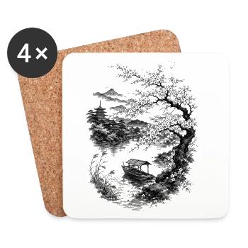 La nature japonaise avec cerisier et mont Fuji - Dessous de verre (lot de 4) - blanc - Devant