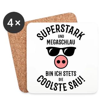 Superstark – Megaschlau – Coolste Sau (Cool) - Untersetzer (4er-Set) - Weiß - Vorne