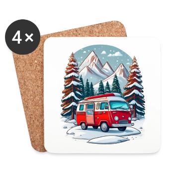 Camping-car rouge en vacances d’hiver - Dessous de verre (lot de 4) - blanc - Devant