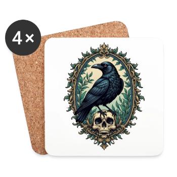 Corbeau avec crâne - Dessous de verre (lot de 4) - blanc - Devant